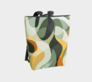 Stylish abstract-patterned backpack with earthy green, yellow, and orange tones by LEDA.