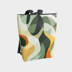 Stylish abstract-patterned backpack with earthy green, yellow, and orange tones by LEDA.