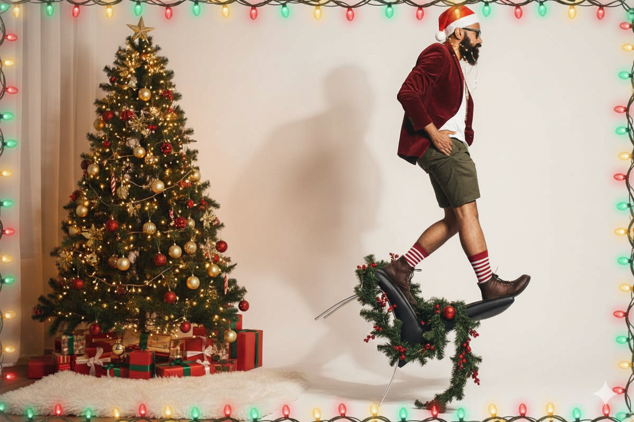 Man in Santa hat and red velvet jacket jumping on festive chair, beside a decorated Christmas tree with presents, for Limited Editions Christmas Sale.
