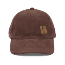 Front view of a brown vintage corduroy cap with LEDA embroidered logo. Back view of a brown vintage corduroy cap with adjustable strap and brass buckle.